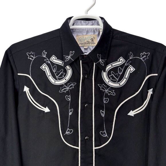 Roper Shirt Mens Large Black Horseshoe Western Embroidered Pearl Snap Rodeo - Picture 4 of 8